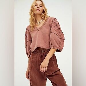 Free People Bohemian Lace Balloon Bubble Sleeve Mauve Cropped Blouse Size Small